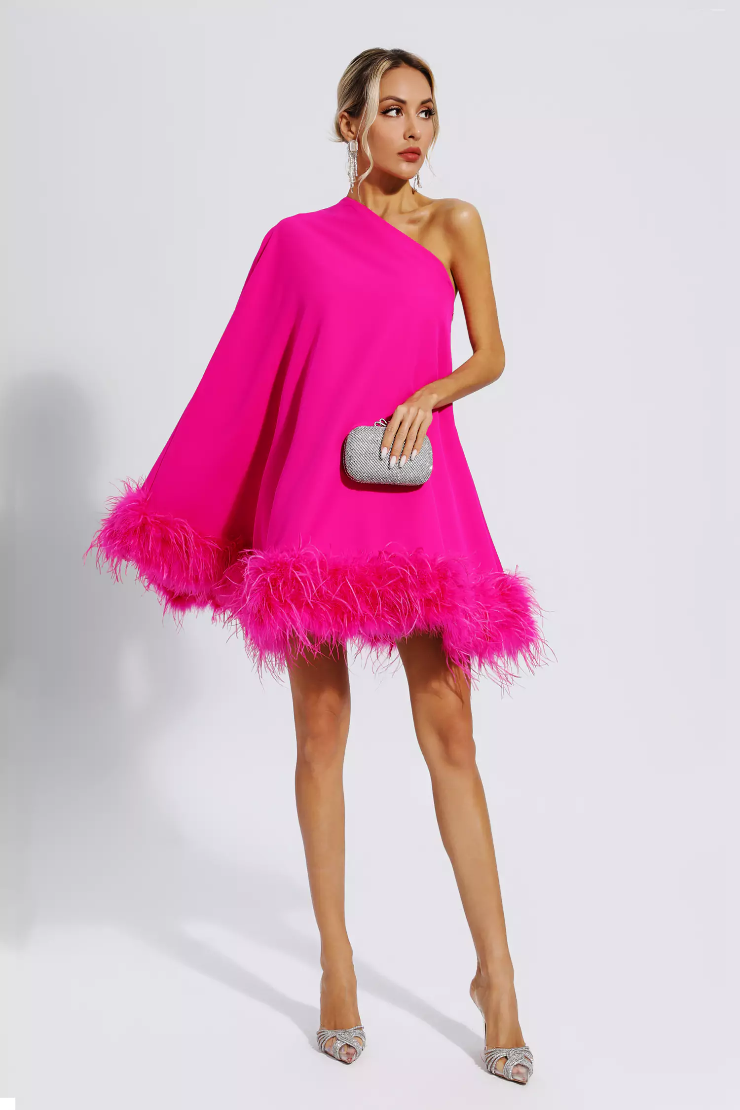 Crane Pink Feather Trim One Shoulder Mini Dress