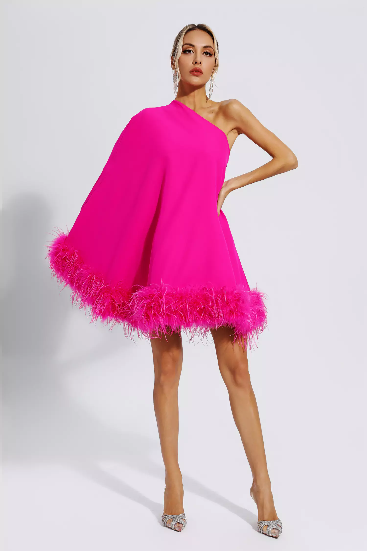 Crane Pink Feather Trim One Shoulder Mini Dress