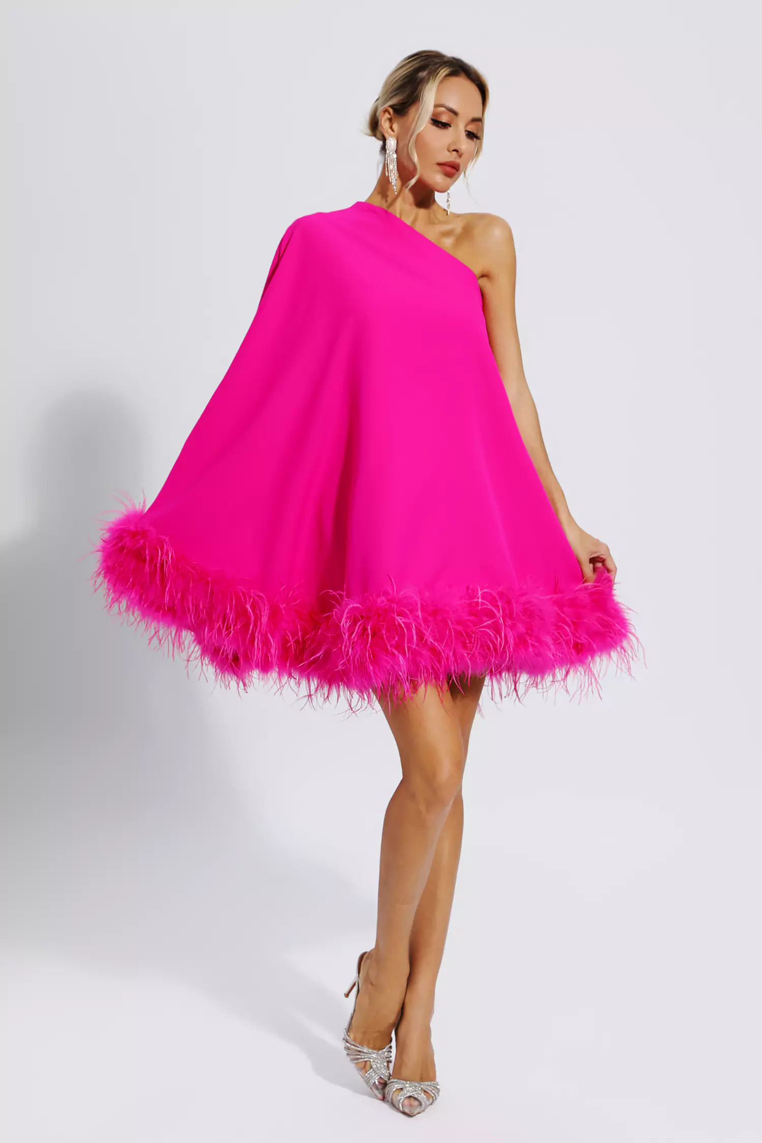 Crane Pink Feather Trim One Shoulder Mini Dress