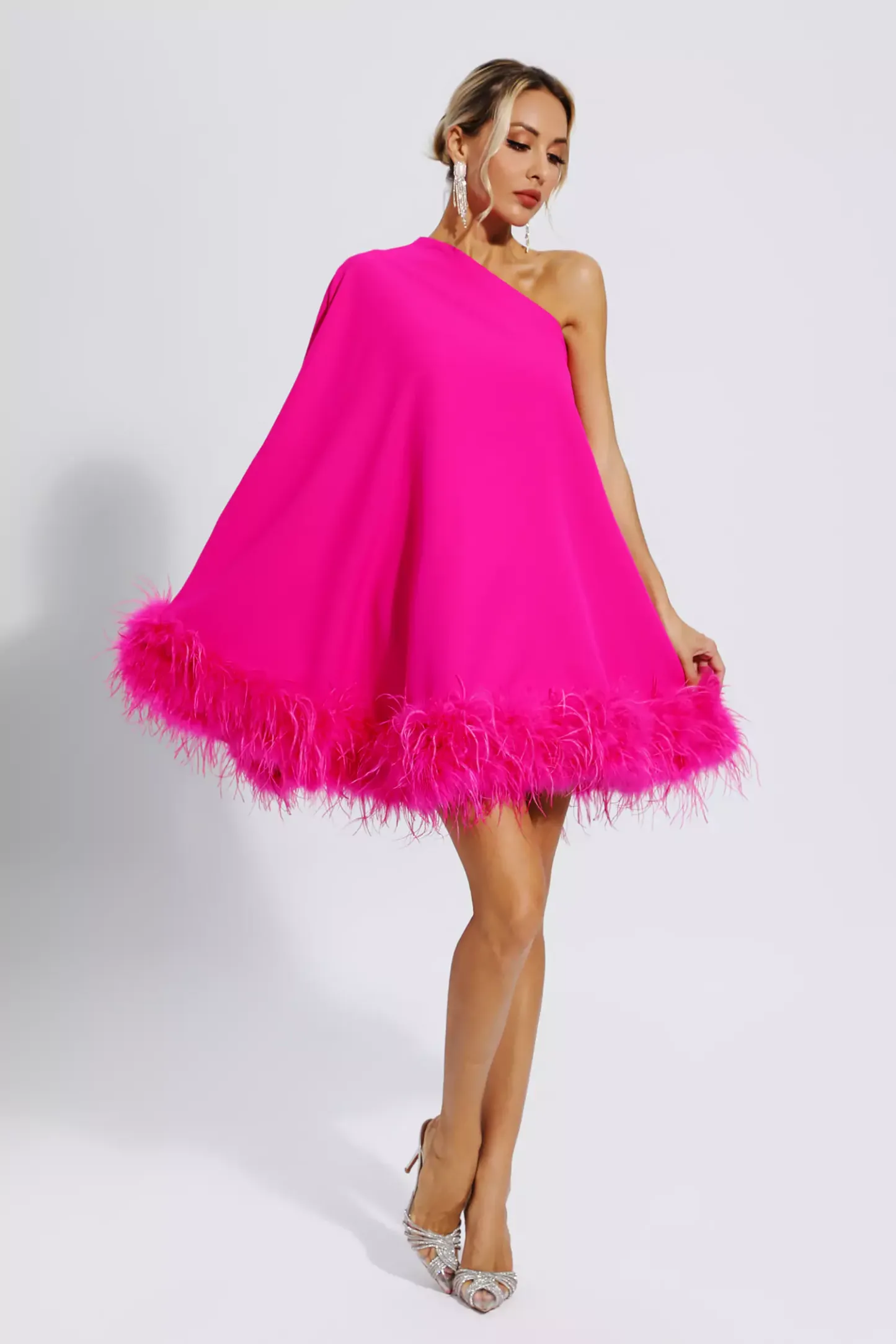 Crane Pink Feather Trim One Shoulder Mini Dress