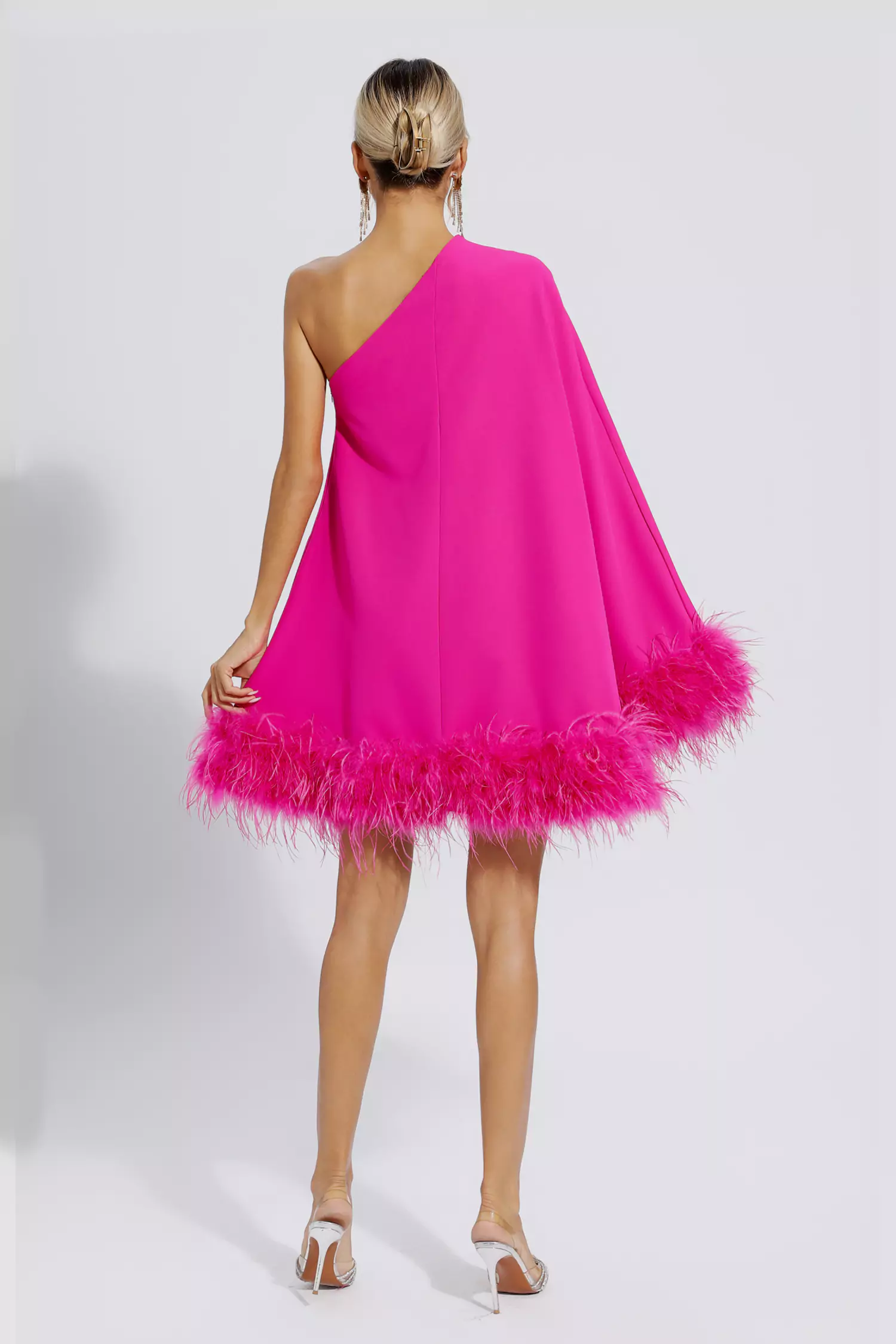 Crane Pink Feather Trim One Shoulder Mini Dress