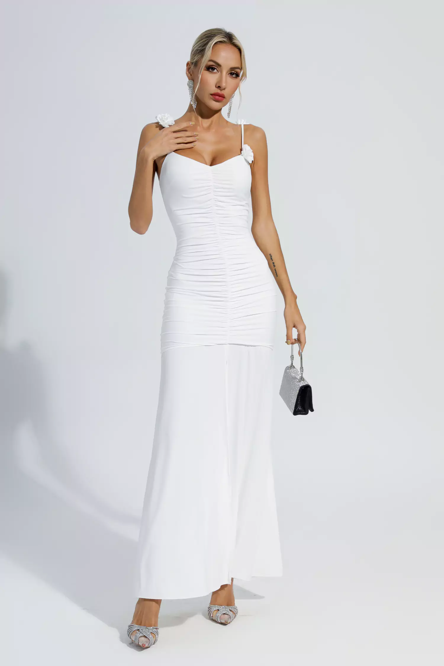 Dalton White Floral Ruched Slip Maxi Dress