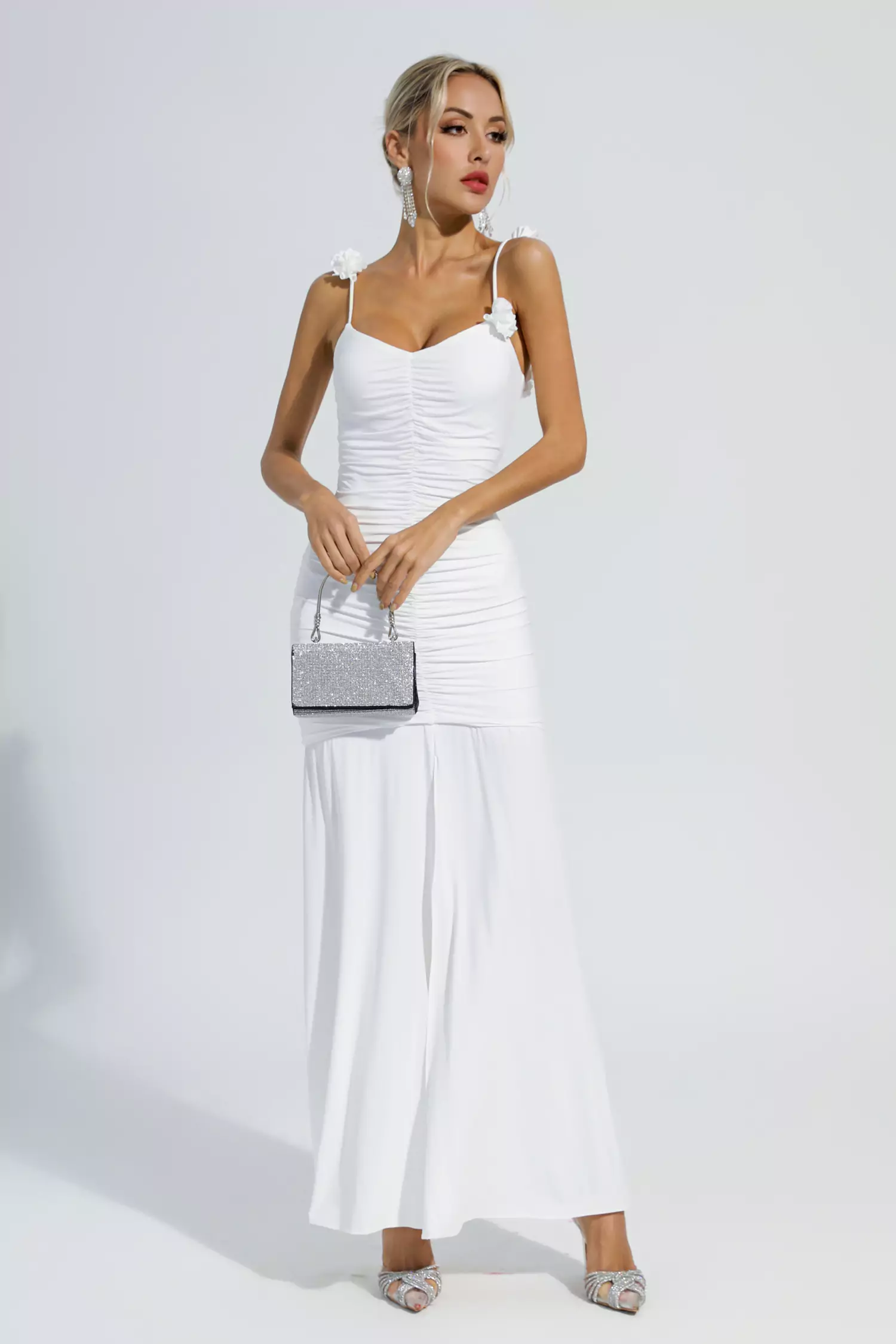 Dalton White Floral Ruched Slip Maxi Dress
