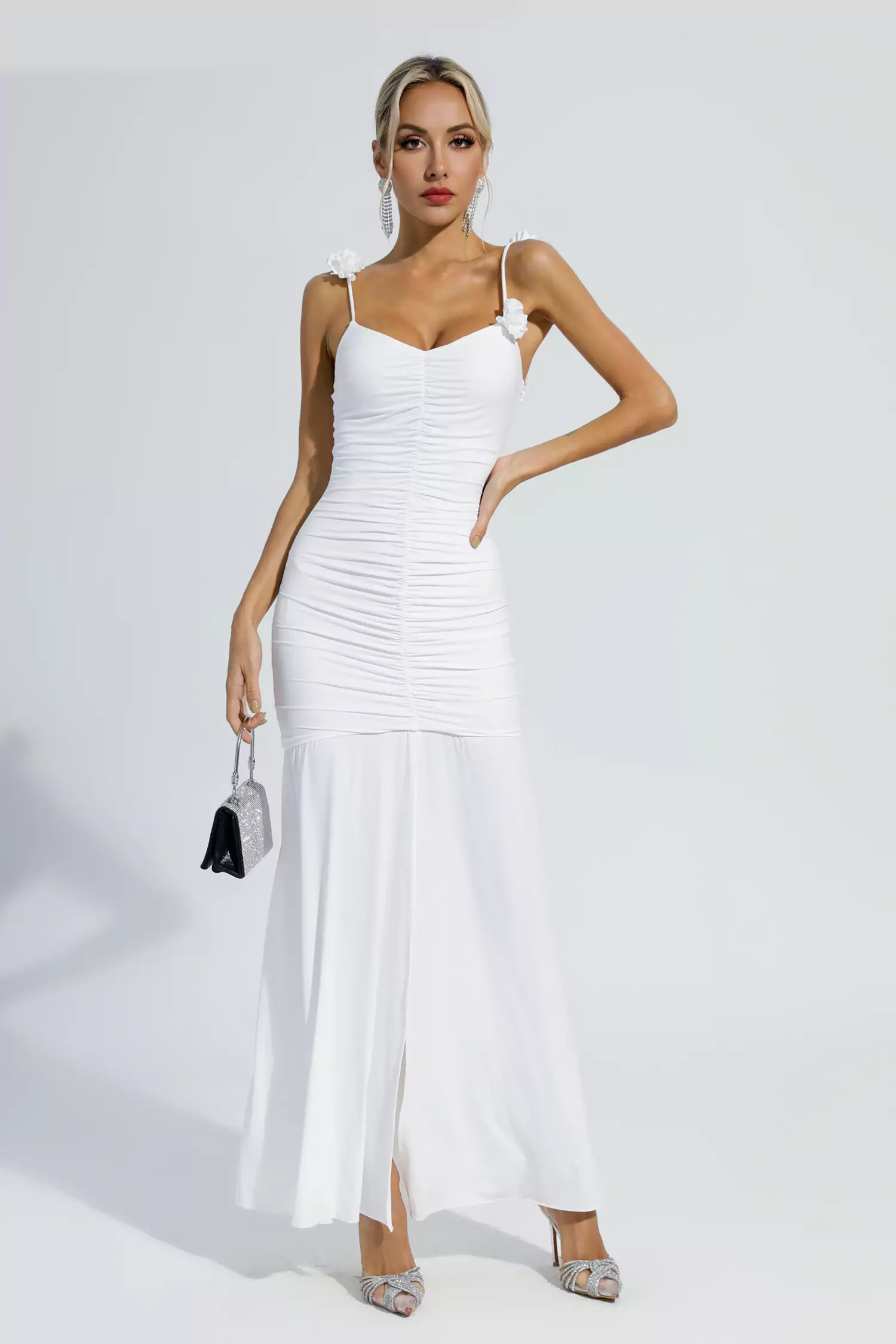 Dalton White Floral Ruched Slip Maxi Dress