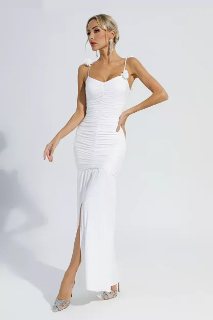Dalton White Floral Ruched Slip Maxi Dress