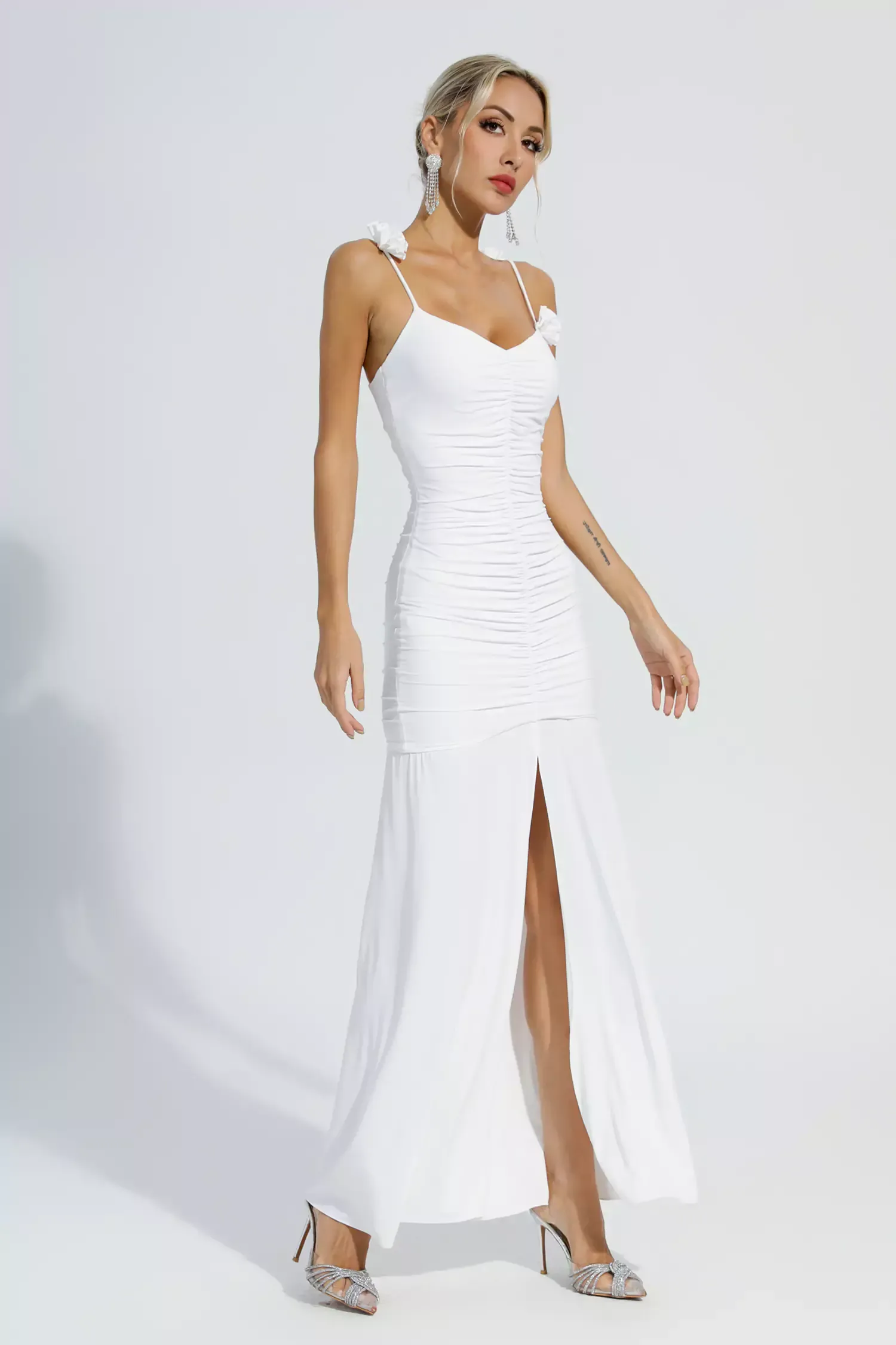 Dalton White Floral Ruched Slip Maxi Dress