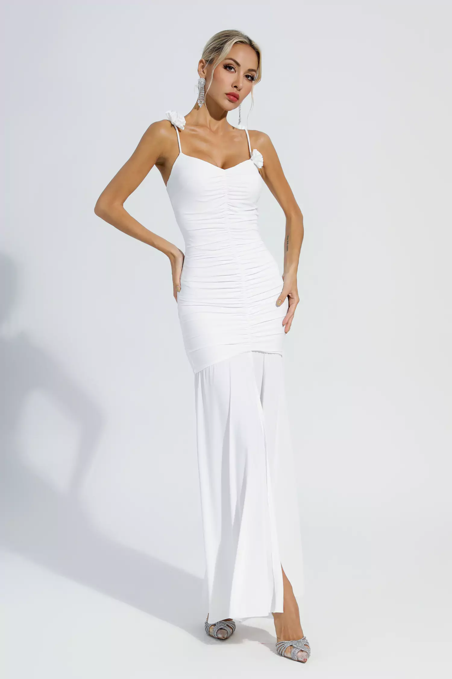 Dalton White Floral Ruched Slip Maxi Dress