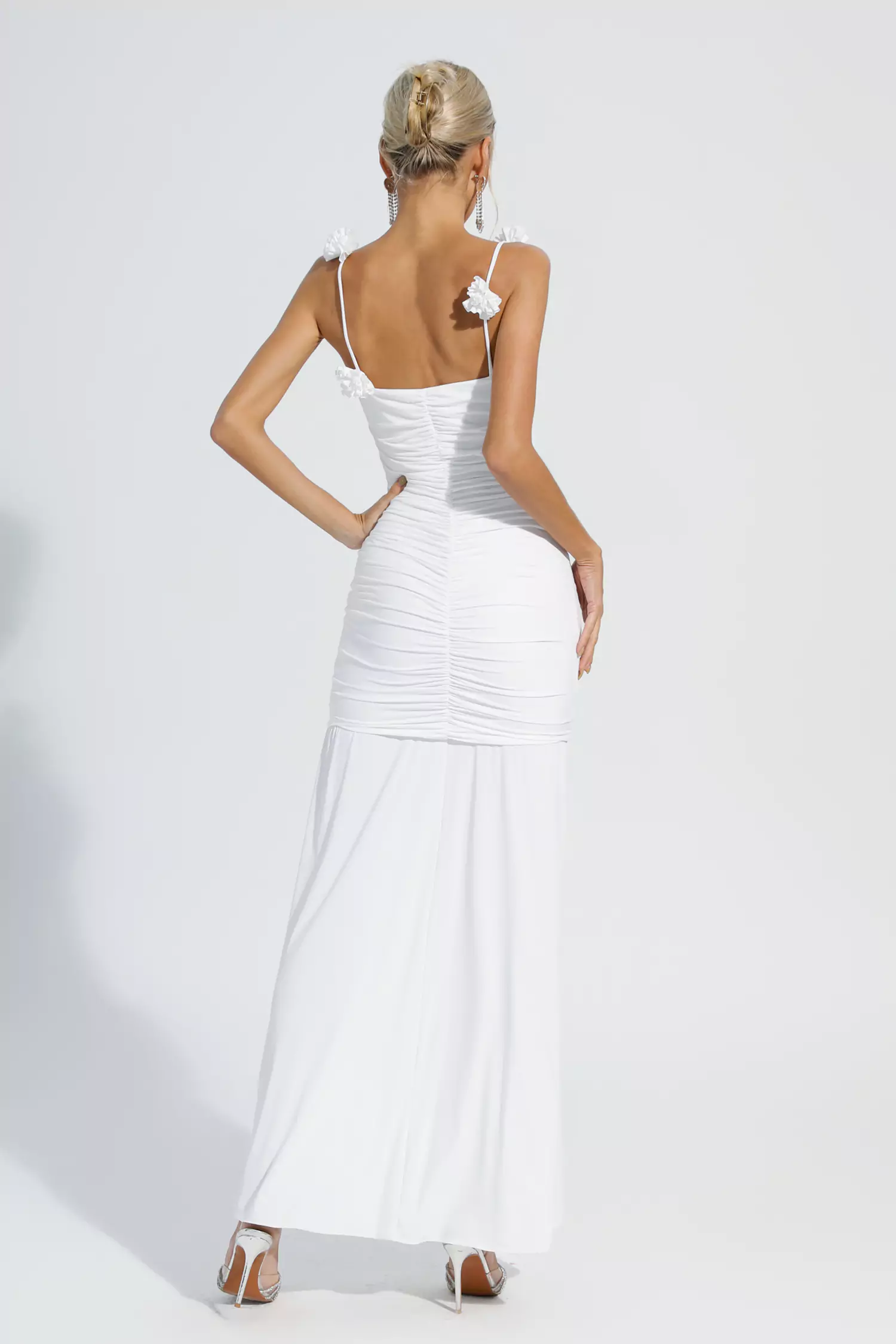Dalton White Floral Ruched Slip Maxi Dress