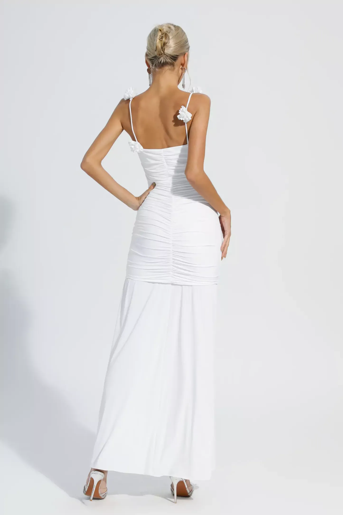 Dalton White Floral Ruched Slip Maxi Dress