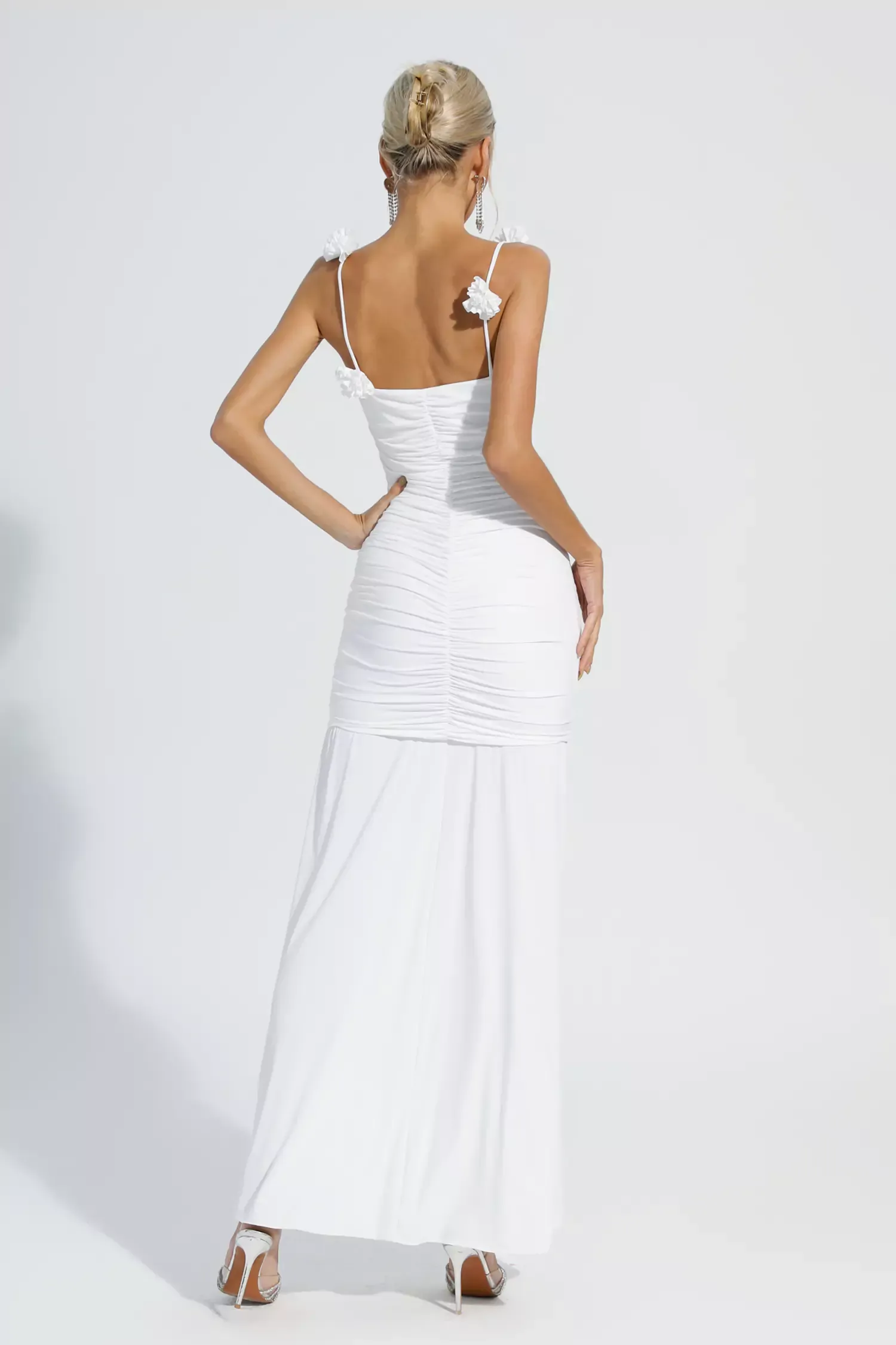Dalton White Floral Ruched Slip Maxi Dress