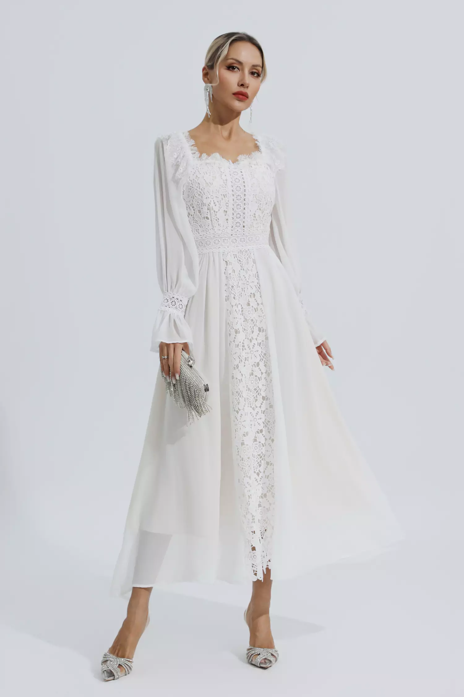 Everley White Floral Hollow Long Sleeve Dress