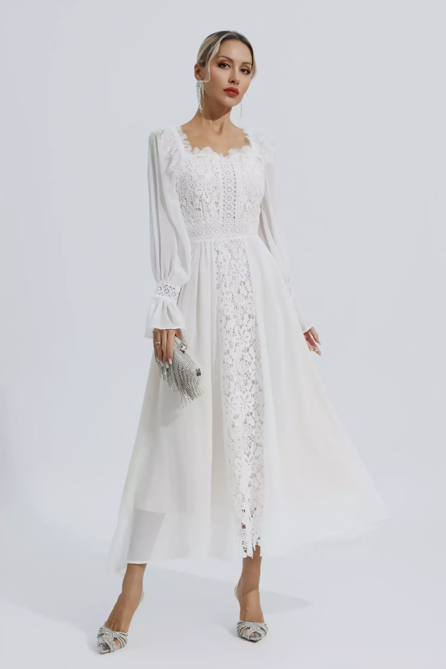 Everley White Floral Hollow Long Sleeve Dress