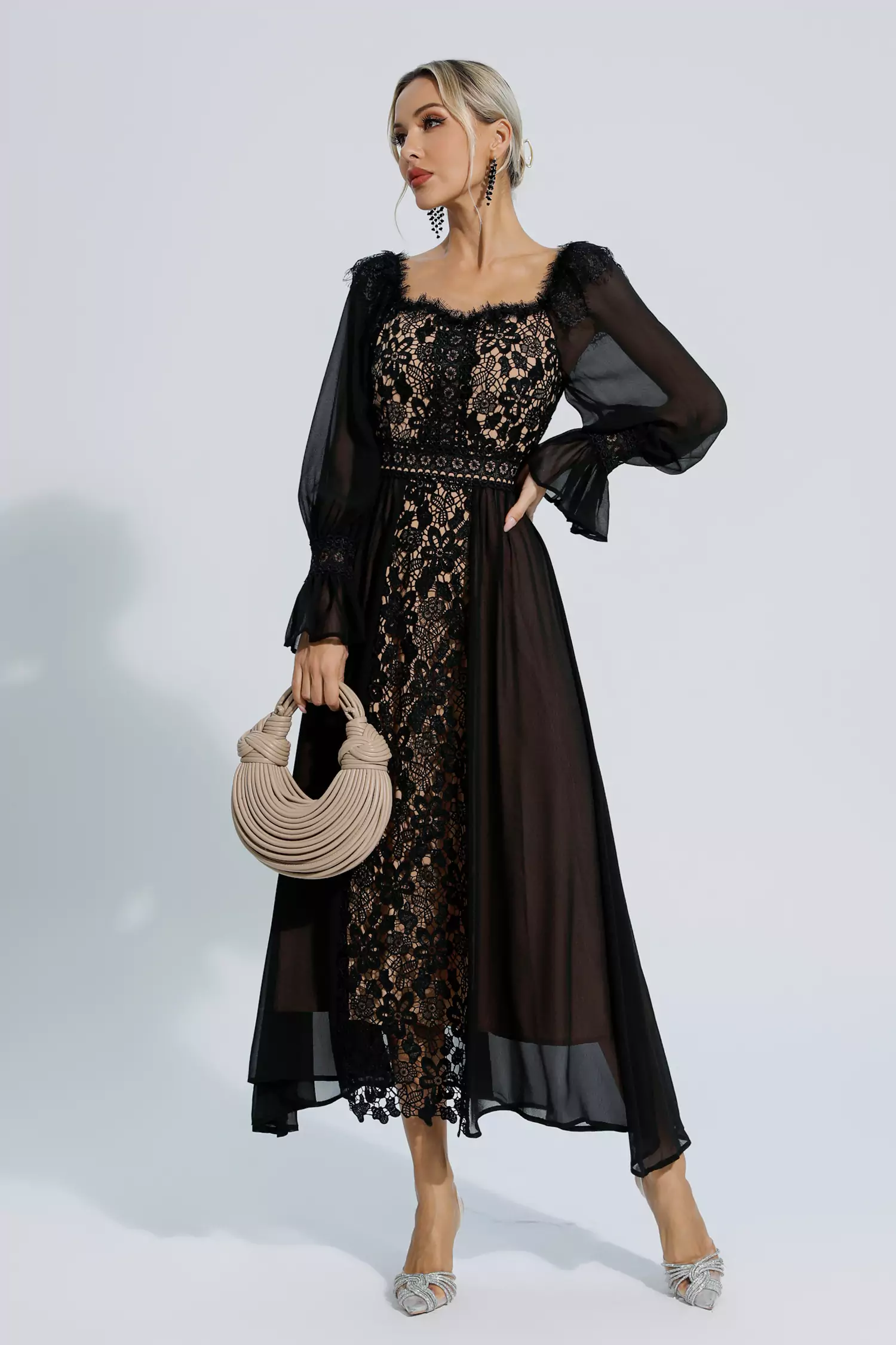 Everley Black Floral Hollow Long Sleeve Dress