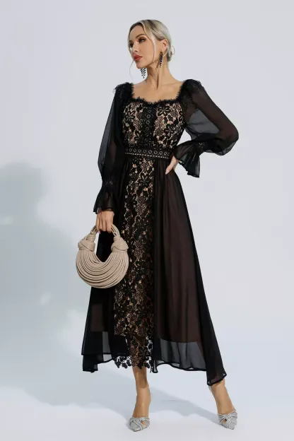 Everley Black Floral Hollow Long Sleeve Dress