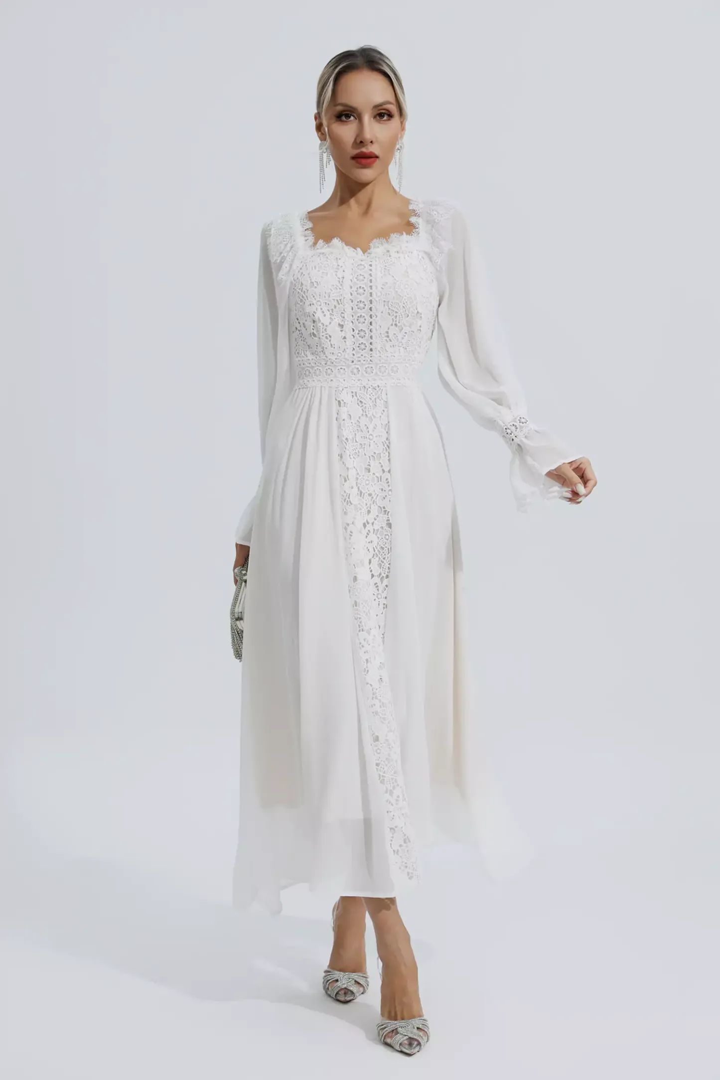Everley White Floral Hollow Long Sleeve Dress