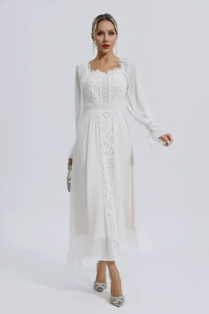 Everley White Floral Hollow Long Sleeve Dress