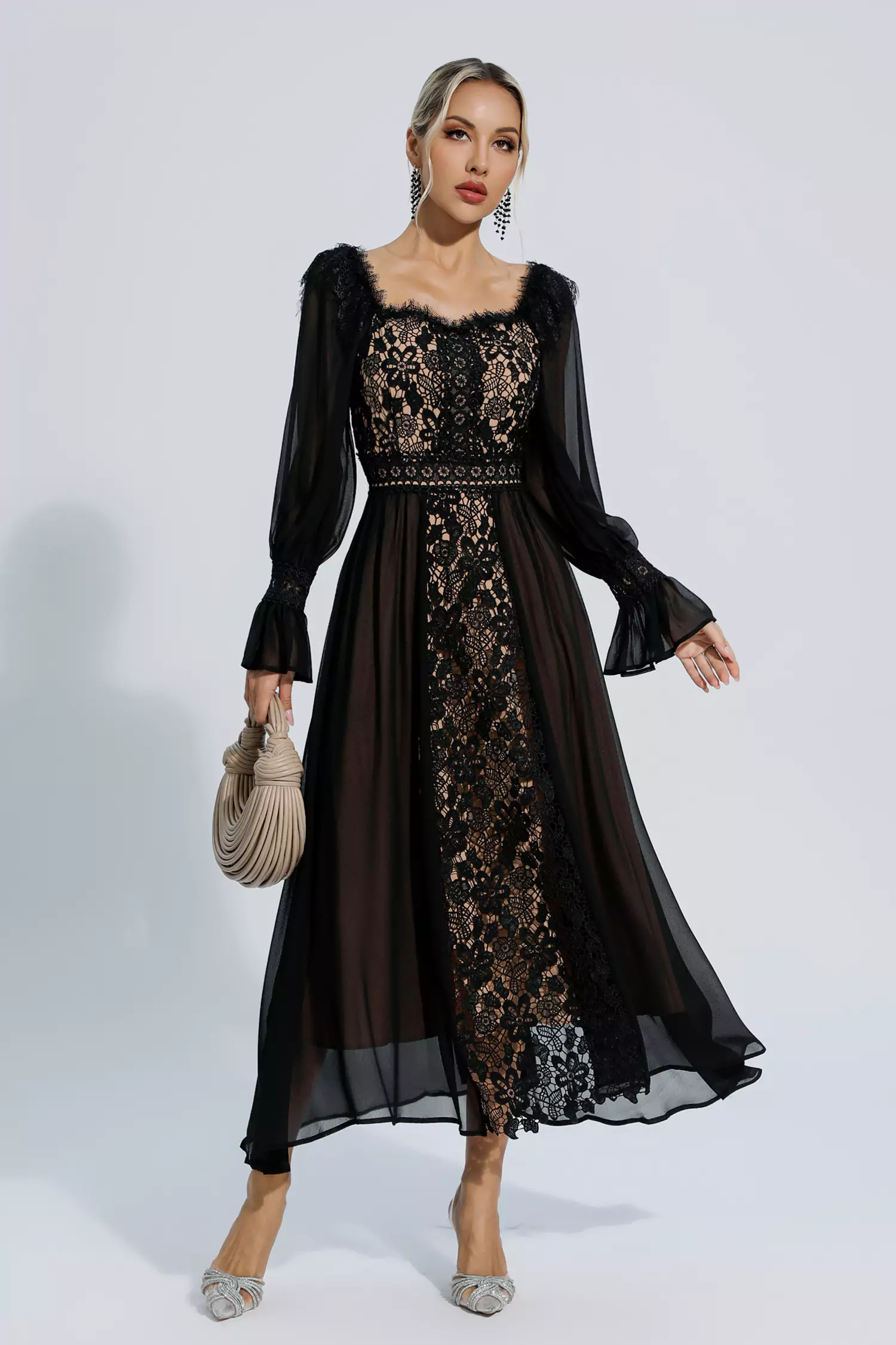 Everley Black Floral Hollow Long Sleeve Dress