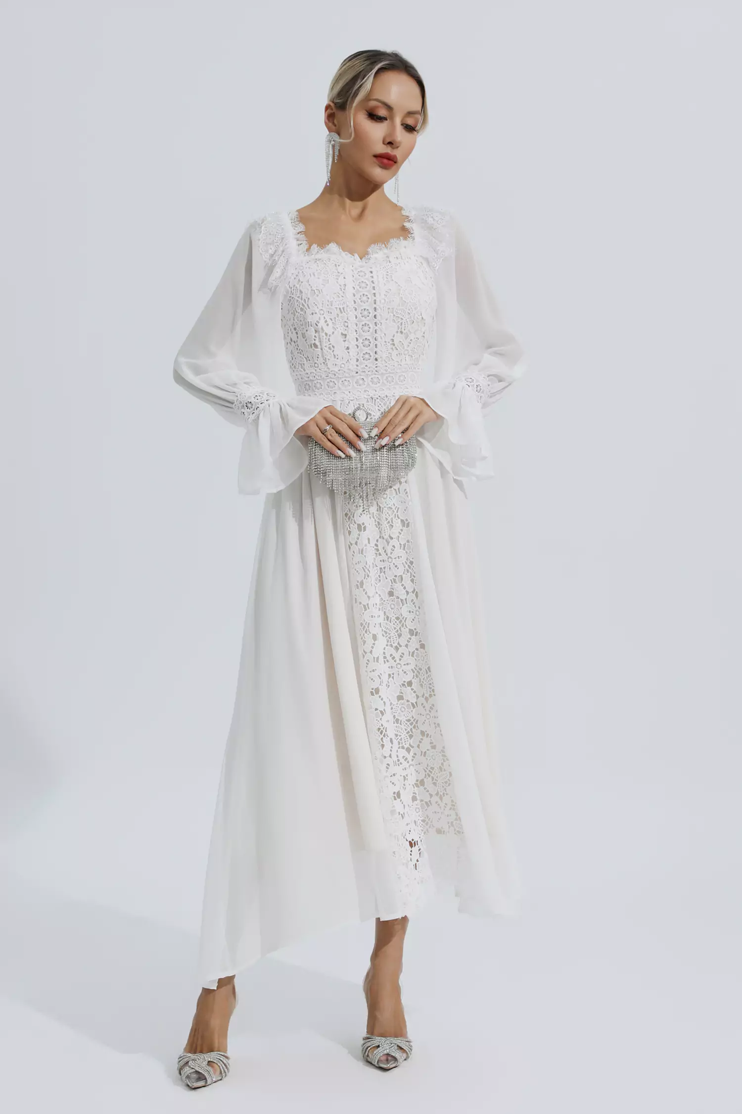 Everley White Floral Hollow Long Sleeve Dress