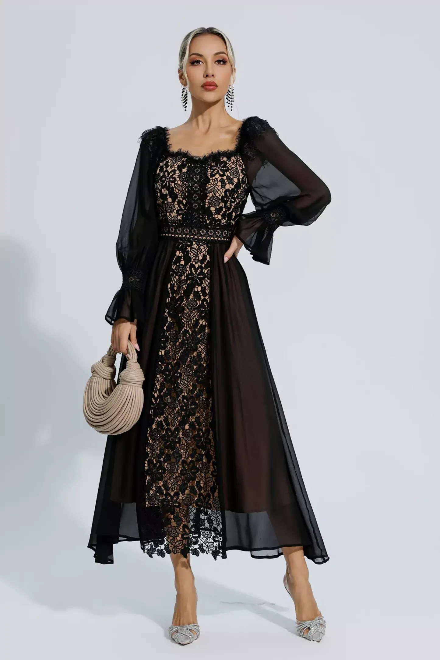 Everley Black Floral Hollow Long Sleeve Dress