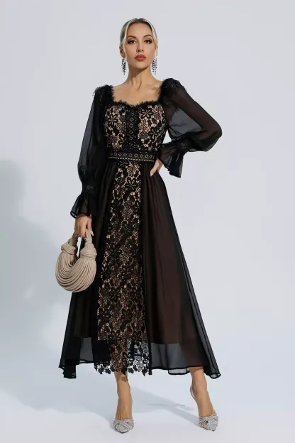 Everley Black Floral Hollow Long Sleeve Dress