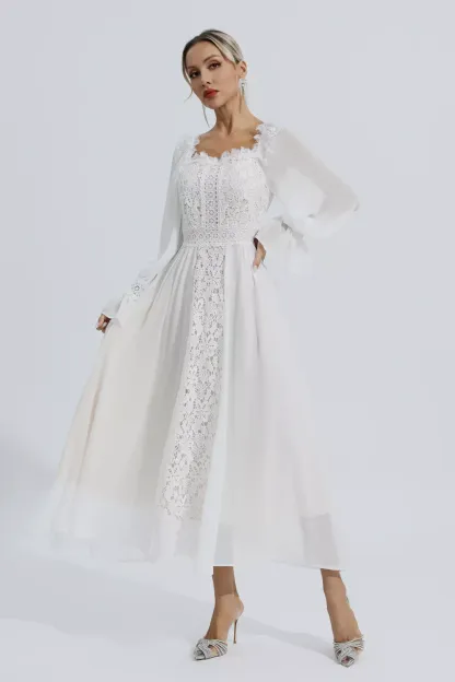 Everley White Floral Hollow Long Sleeve Dress