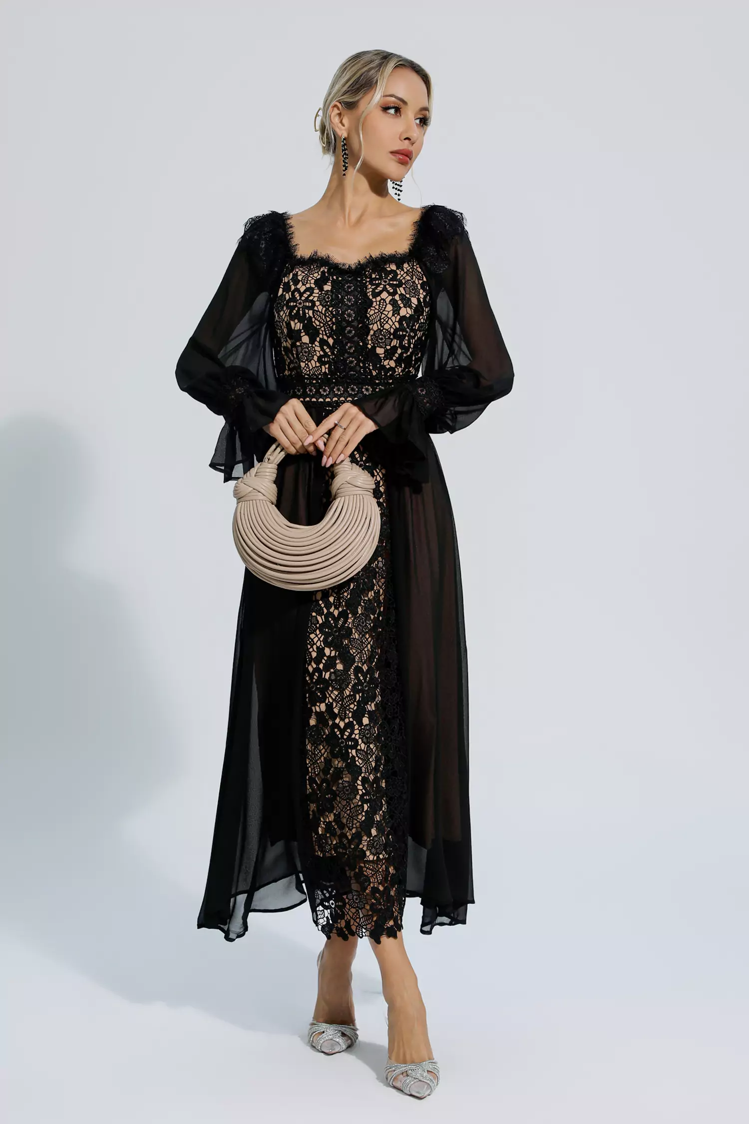 Everley Black Floral Hollow Long Sleeve Dress