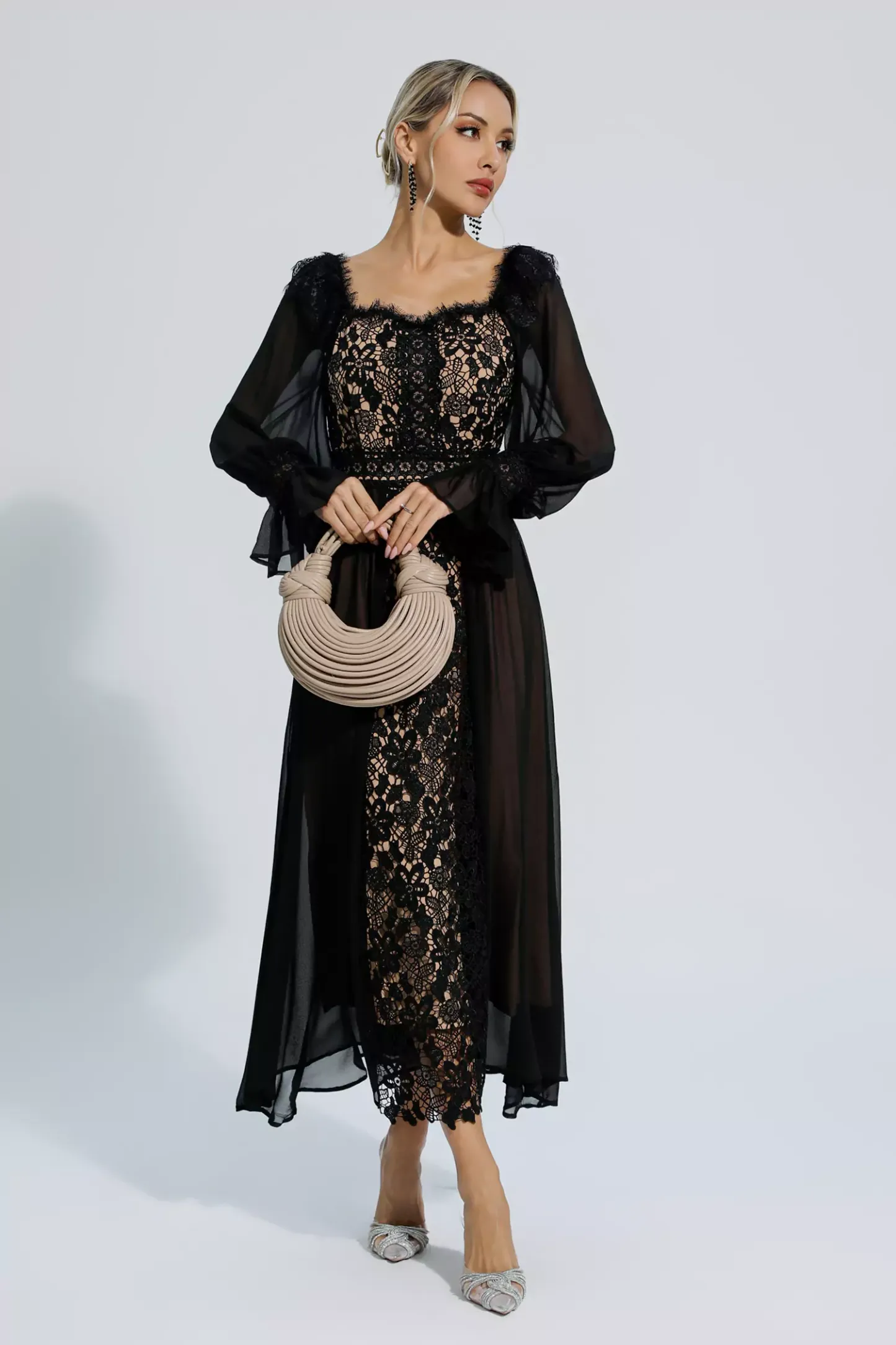 Everley Black Floral Hollow Long Sleeve Dress