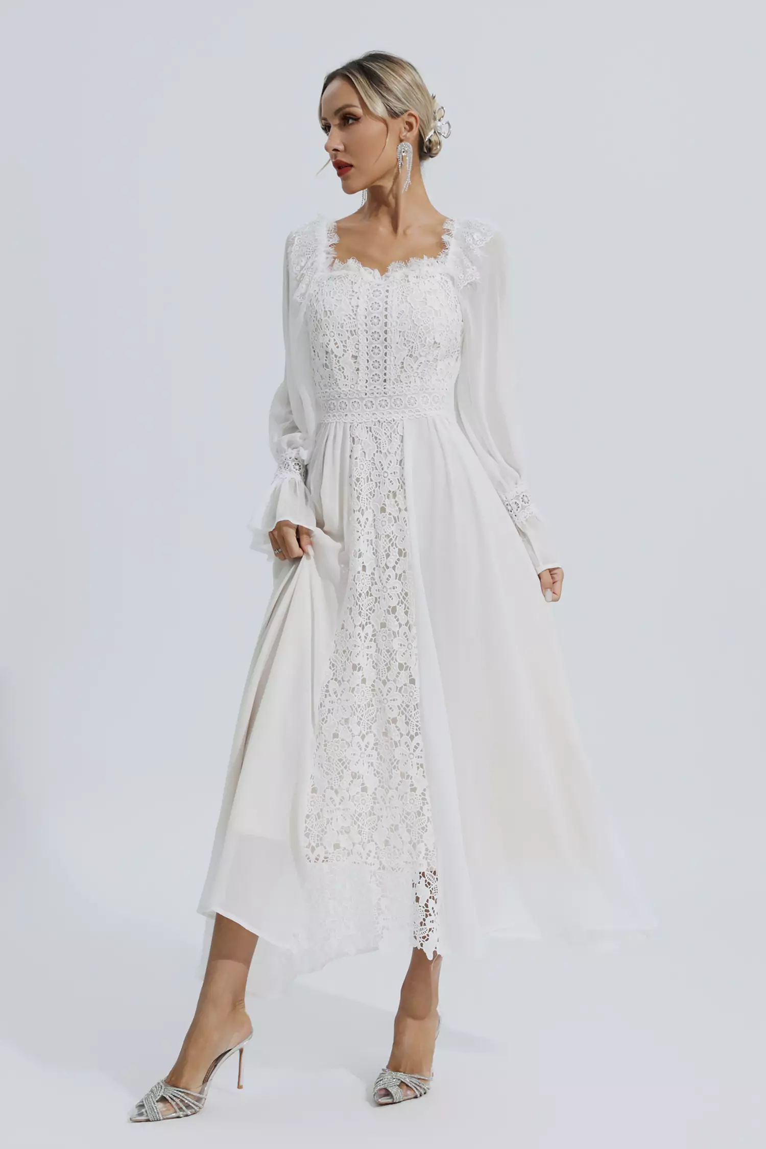 Everley White Floral Hollow Long Sleeve Dress