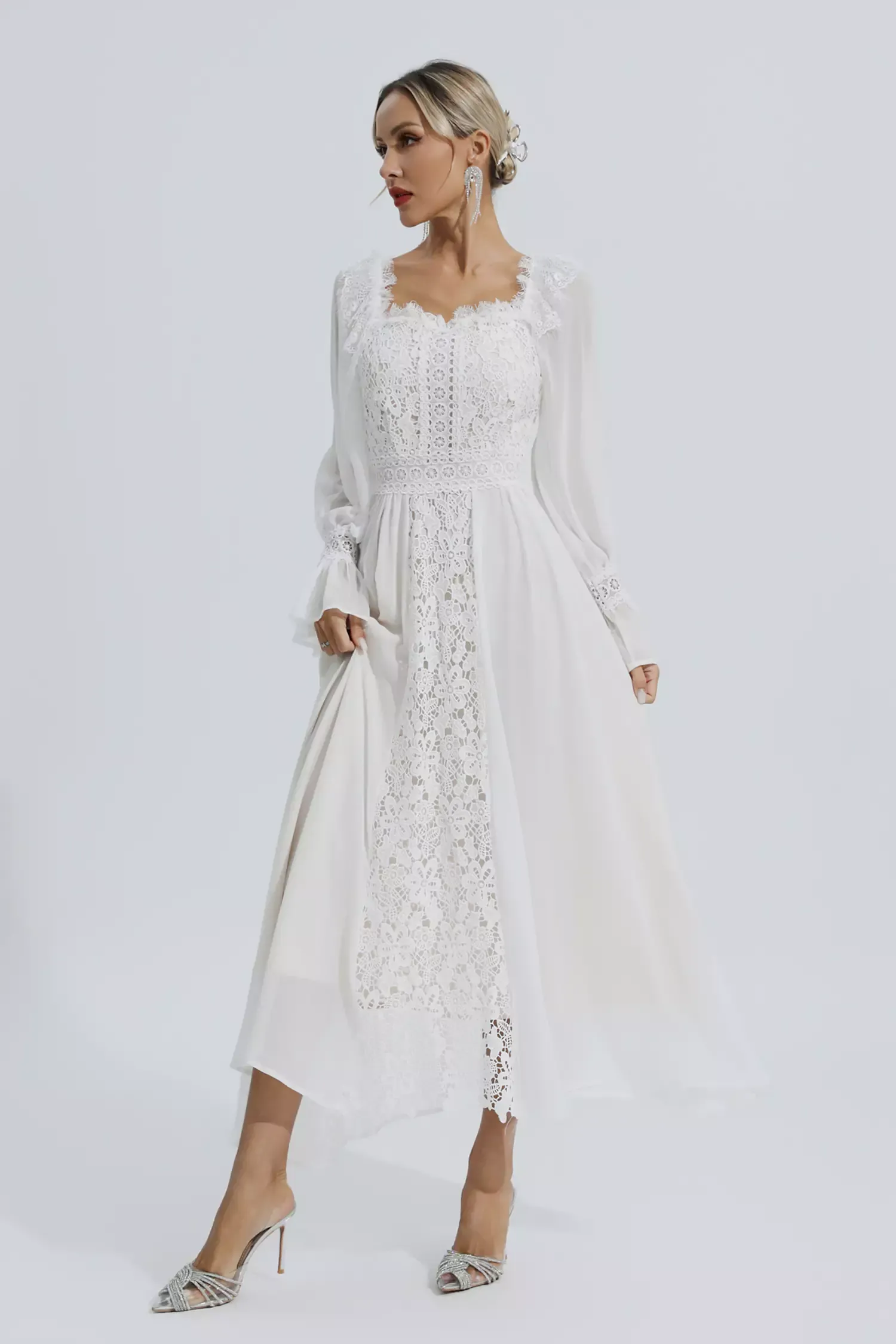 Everley White Floral Hollow Long Sleeve Dress
