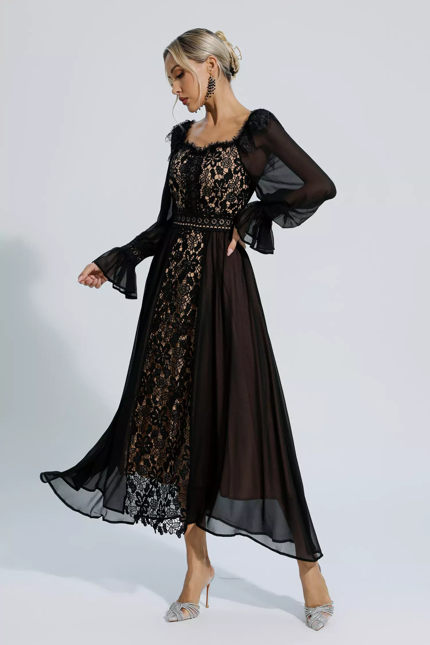 Everley Black Floral Hollow Long Sleeve Dress