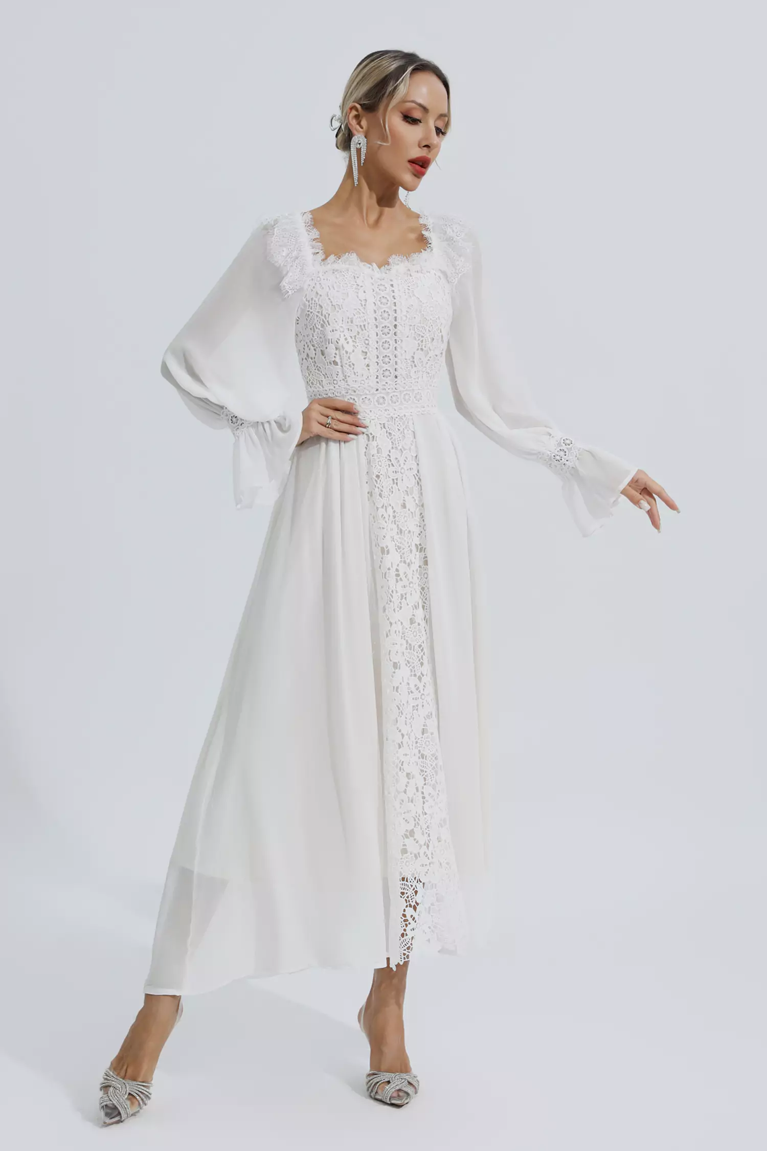Everley White Floral Hollow Long Sleeve Dress