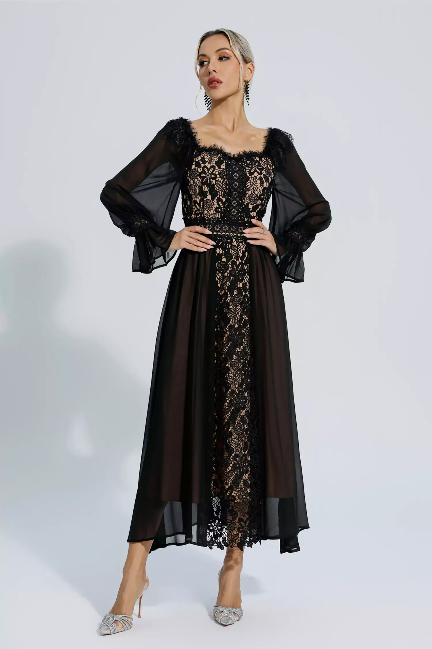 Everley Black Floral Hollow Long Sleeve Dress
