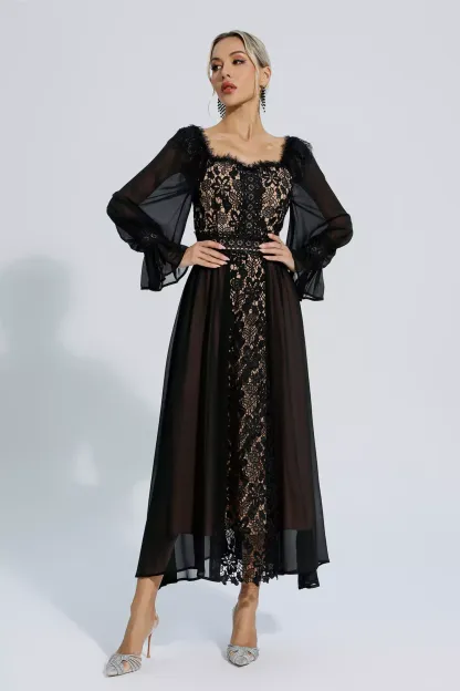 Everley Black Floral Hollow Long Sleeve Dress