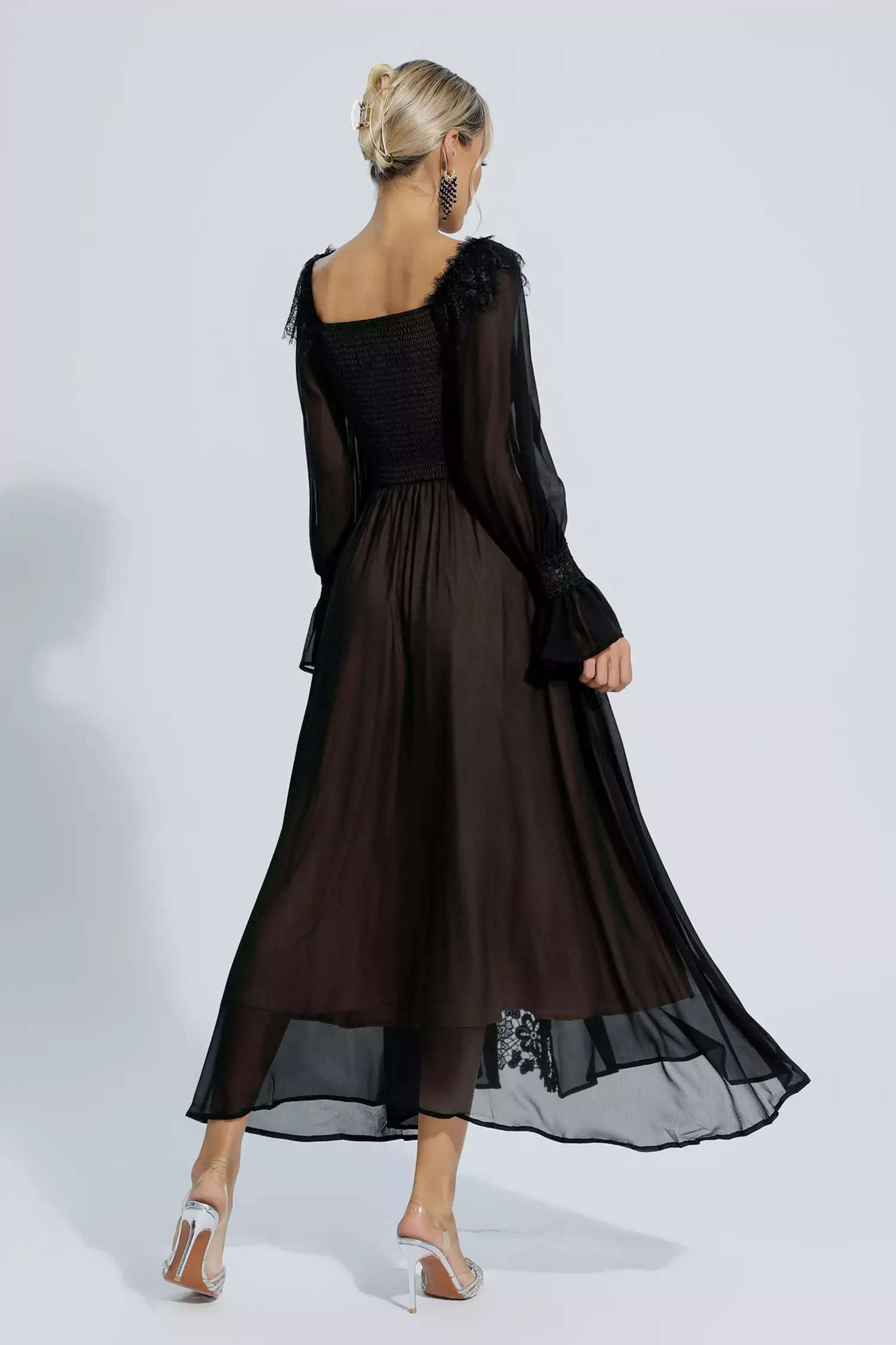 Everley Black Floral Hollow Long Sleeve Dress