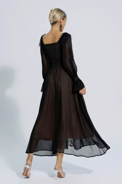 Everley Black Floral Hollow Long Sleeve Dress