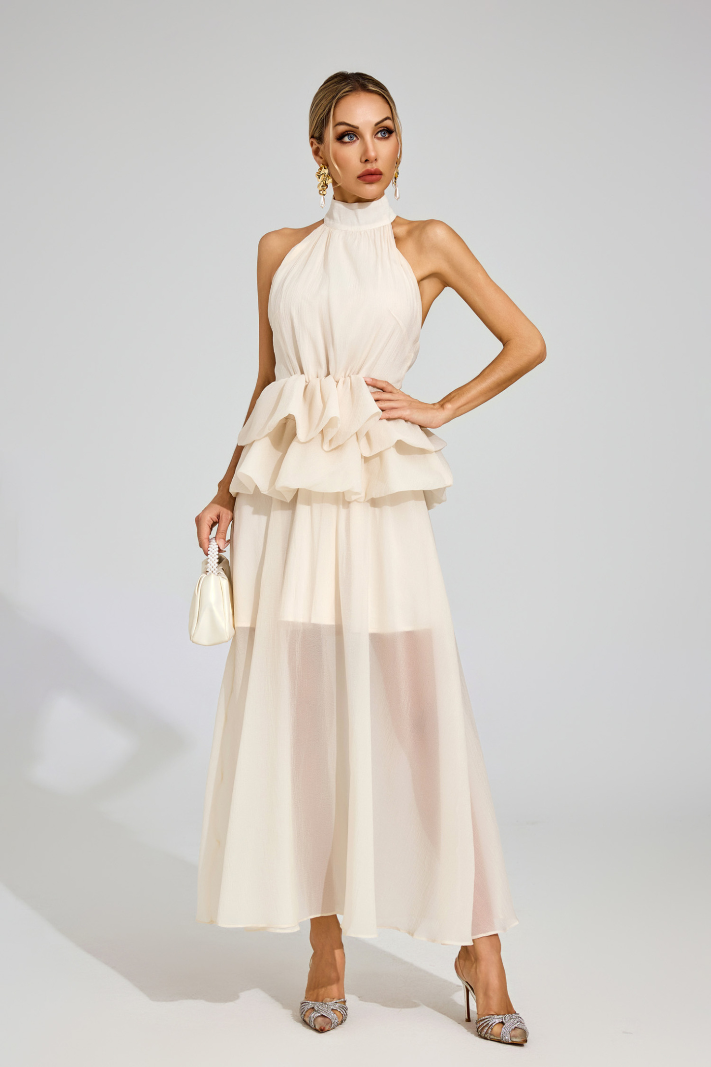 Sibyl Apricot Halter Maxi Ruffle Dress