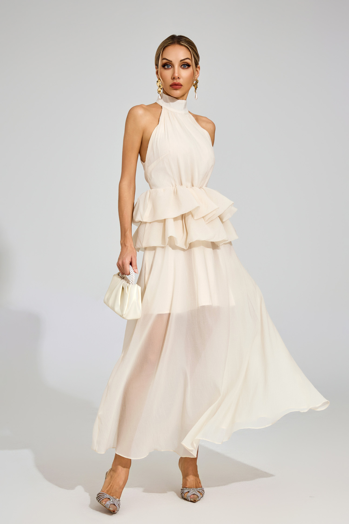 Sibyl Apricot Halter Maxi Ruffle Dress