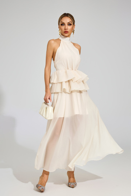 Sibyl Apricot Halter Maxi Ruffle Dress