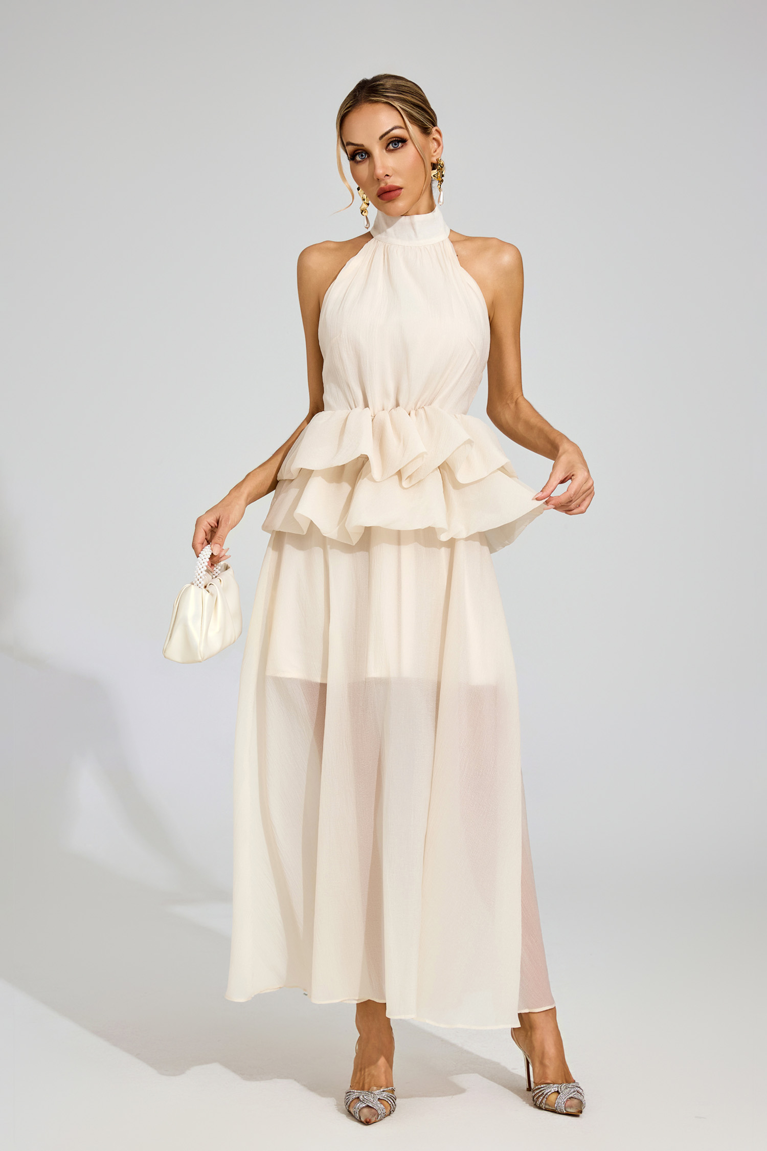 Sibyl Apricot Halter Maxi Ruffle Dress