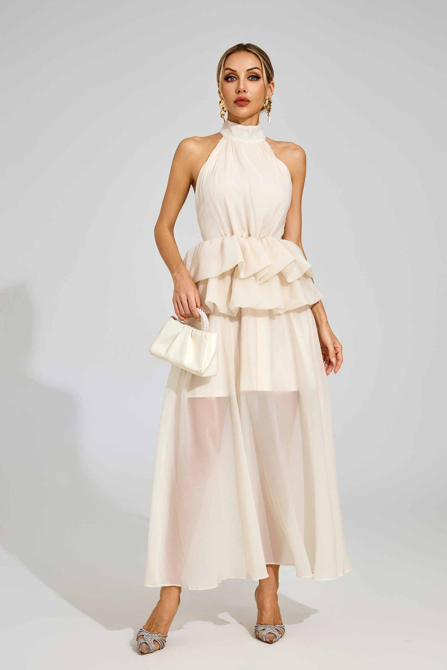 Sibyl Apricot Halter Maxi Ruffle Dress