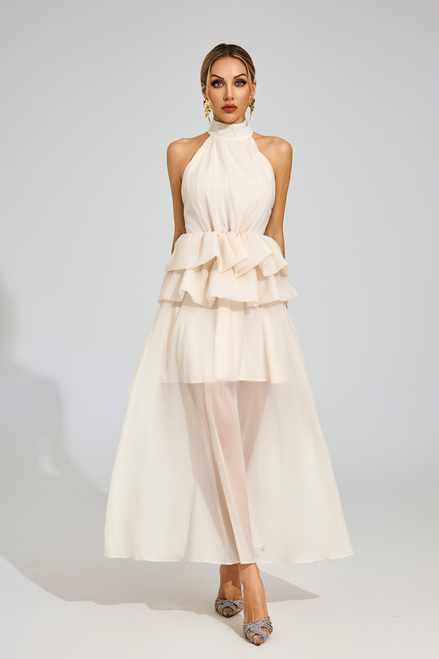 Sibyl Apricot Halter Maxi Ruffle Dress