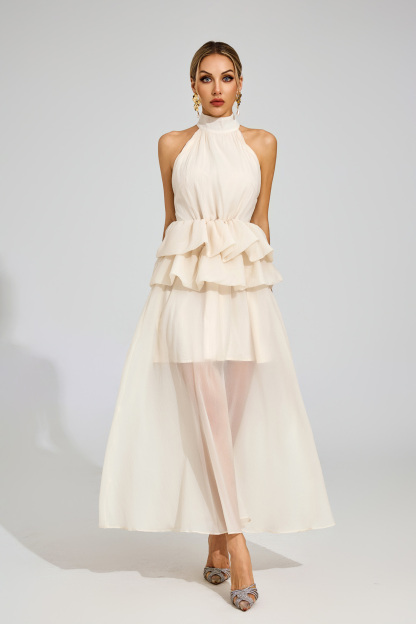 Sibyl Apricot Halter Maxi Ruffle Dress