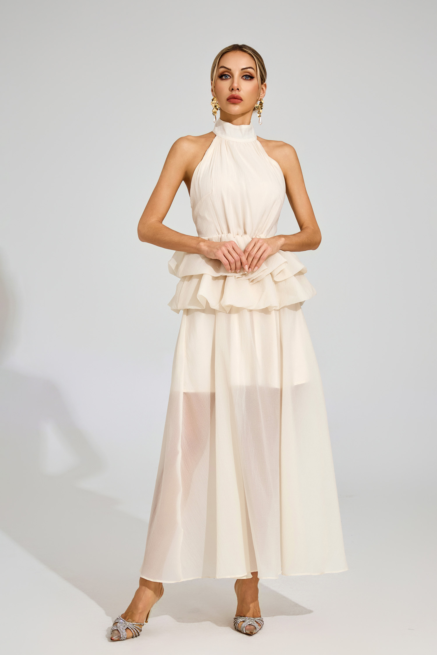 Sibyl Apricot Halter Maxi Ruffle Dress