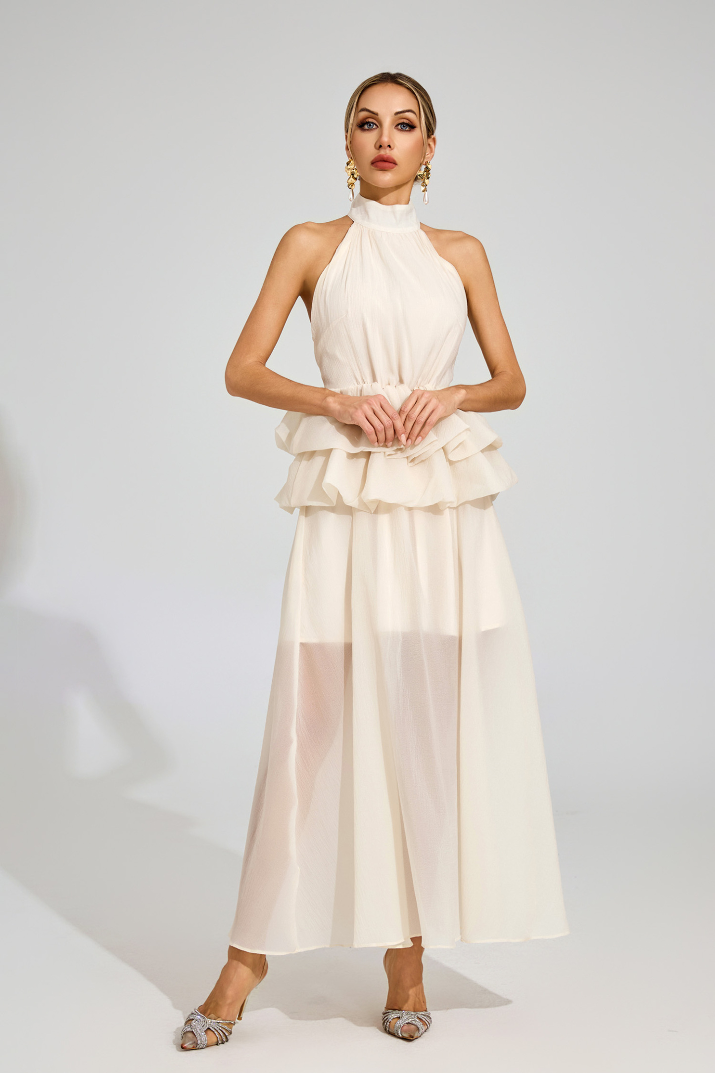 Sibyl Apricot Halter Maxi Ruffle Dress