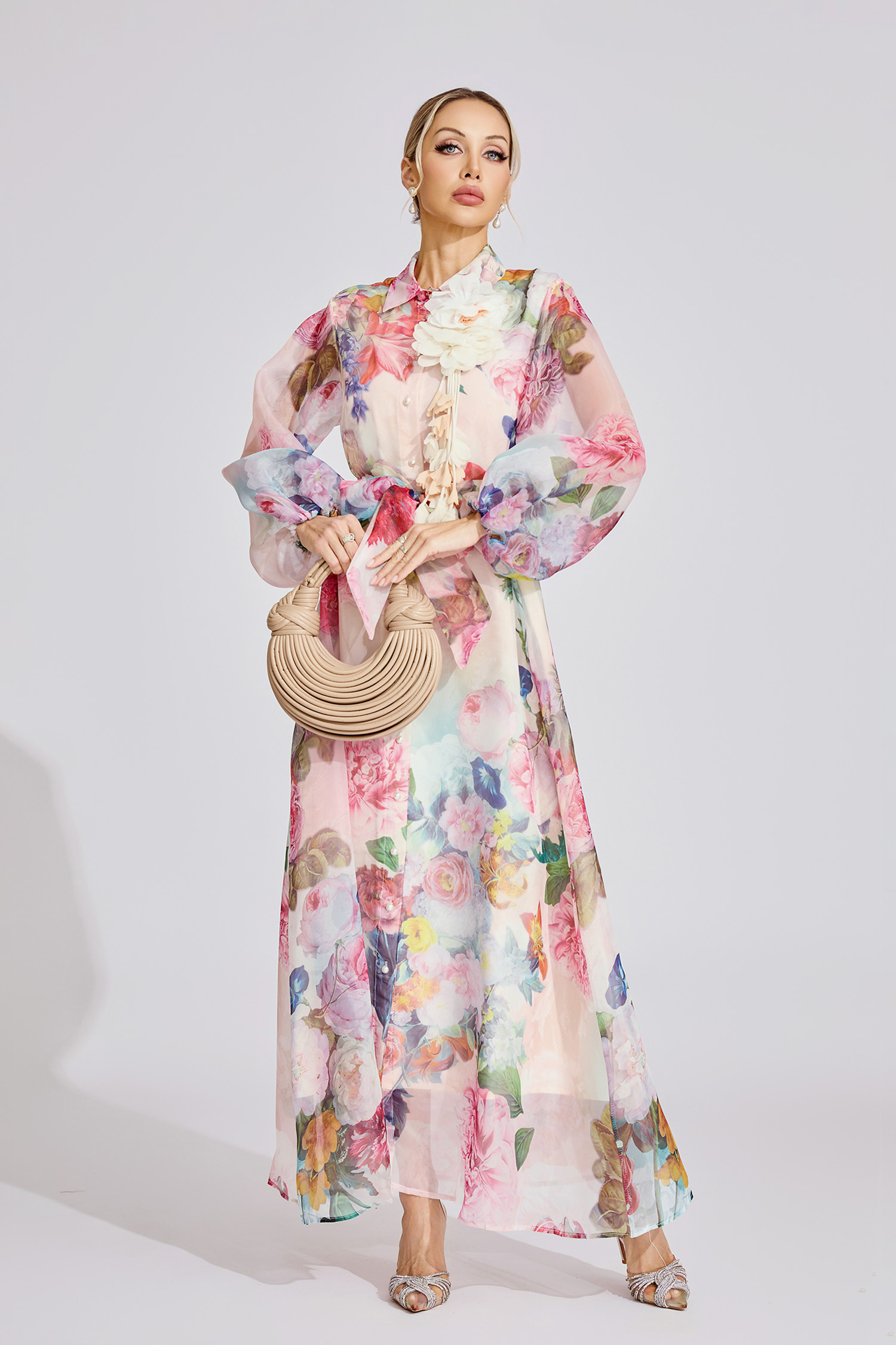 June Pink 3D Floral Lapel Collar Lantern Sleeve Maxi Dress