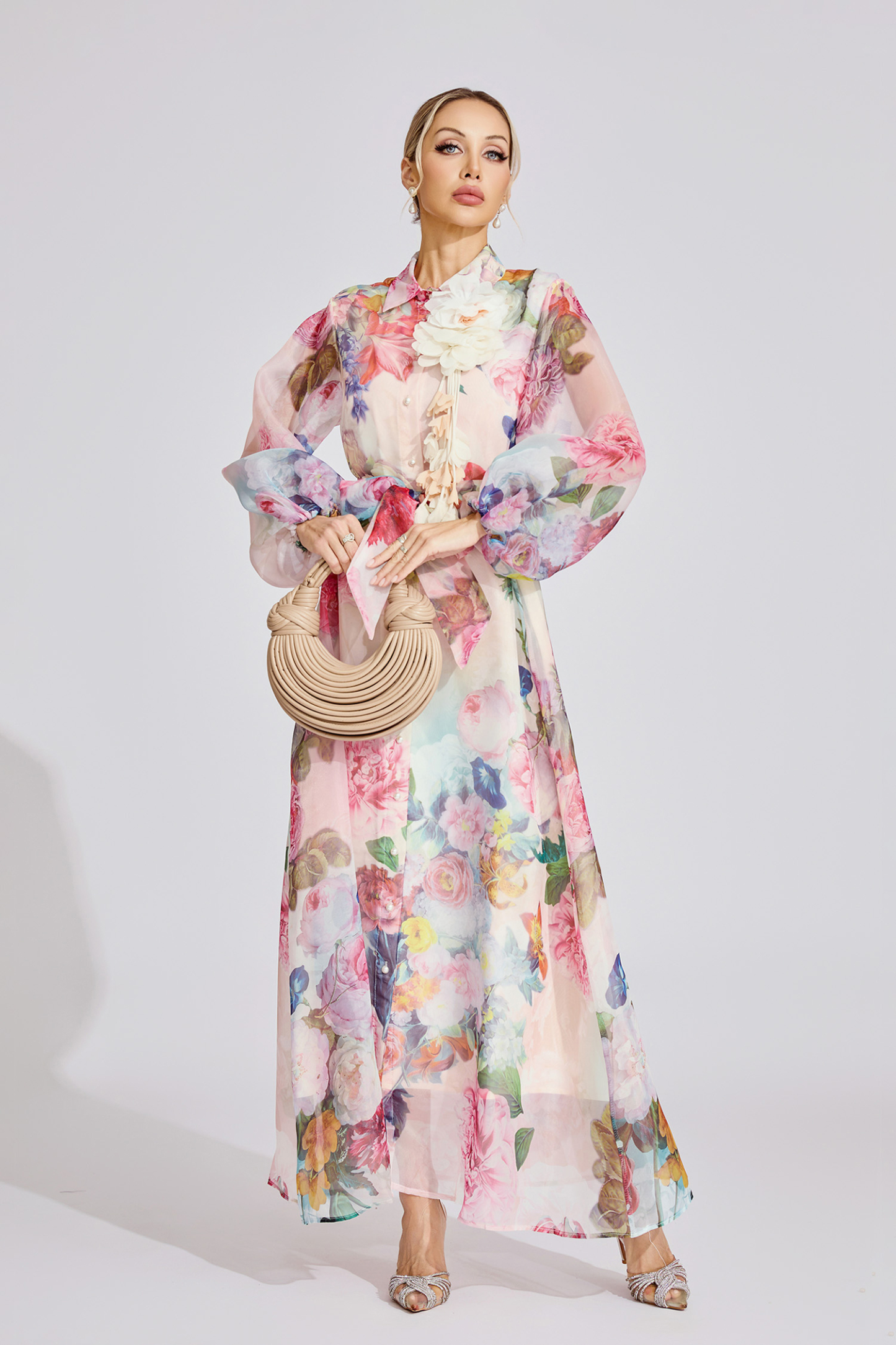 June Pink 3D Floral Lapel Collar Lantern Sleeve Maxi Dress