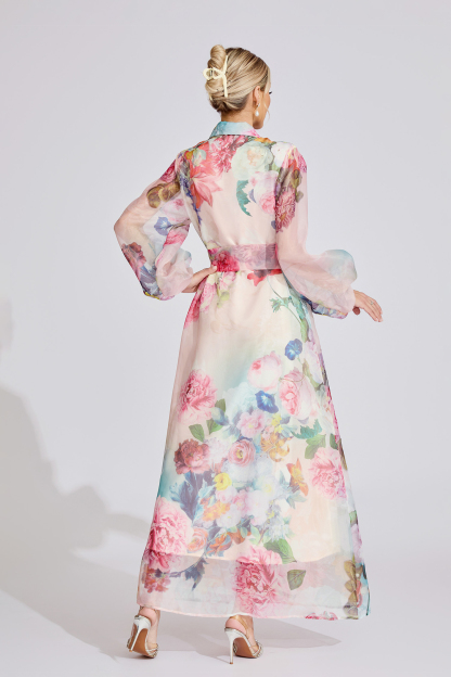June Pink 3D Floral Lapel Collar Lantern Sleeve Maxi Dress