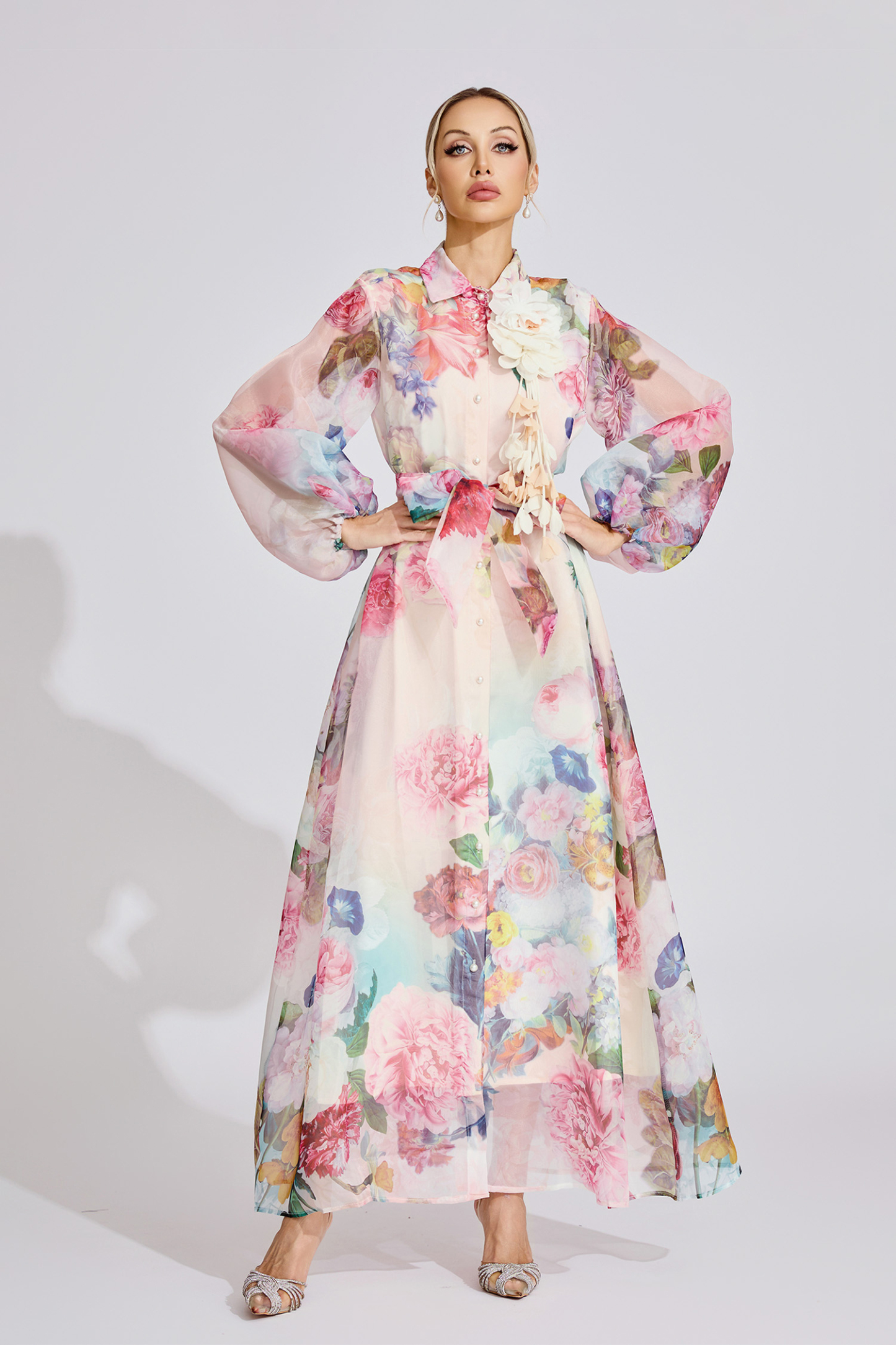 June Pink 3D Floral Lapel Collar Lantern Sleeve Maxi Dress