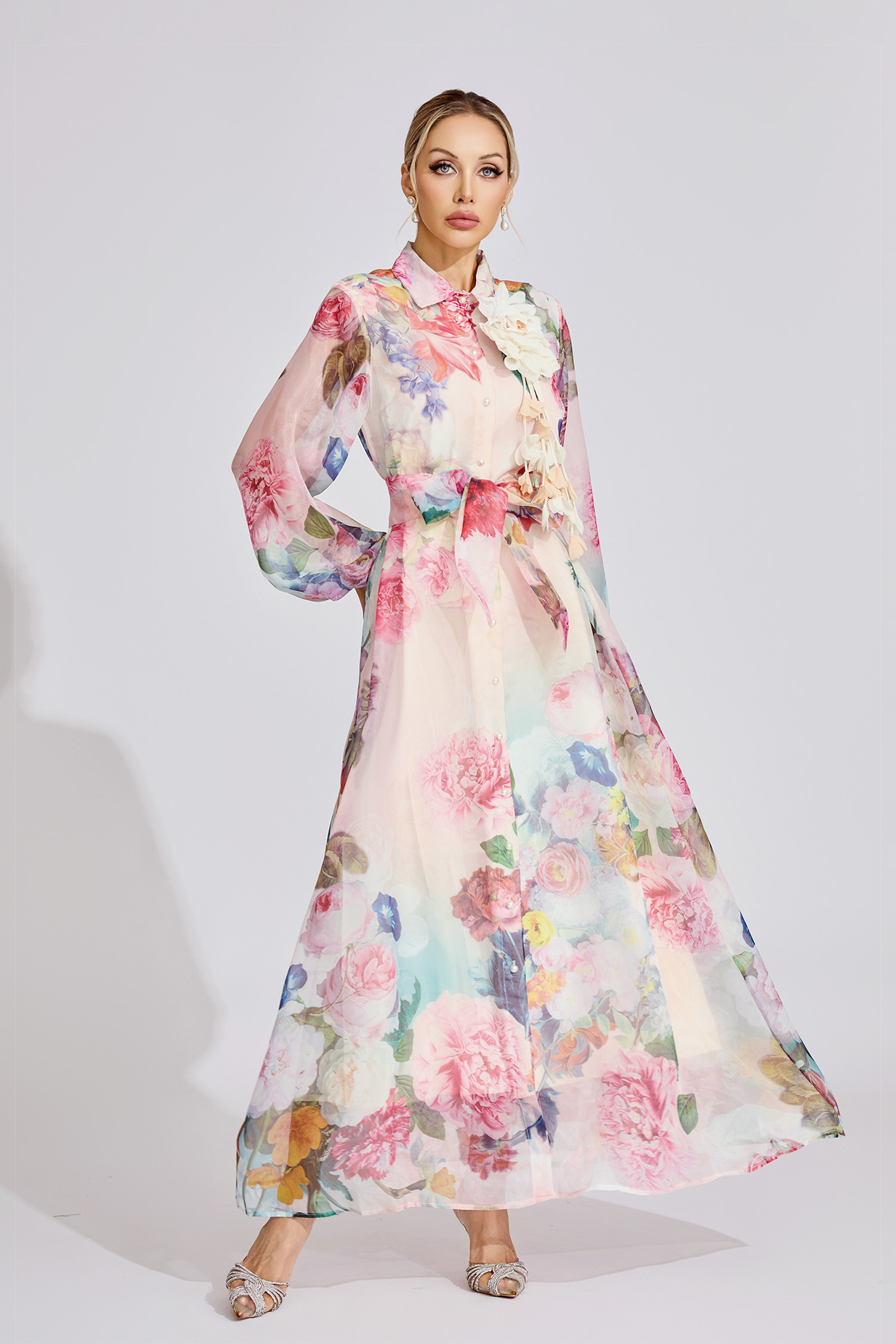 June Pink 3D Floral Lapel Collar Lantern Sleeve Maxi Dress
