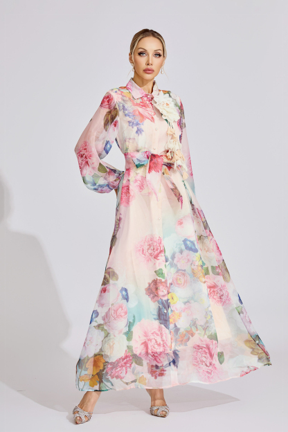 June Pink 3D Floral Lapel Collar Lantern Sleeve Maxi Dress